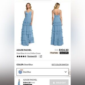 Azazie Steel Blue Rachel Dress - Size A6. WORN ONCE!